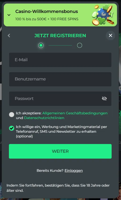 Registrierung BetCollect Casino – Konto erstellen und Bonus erhalten